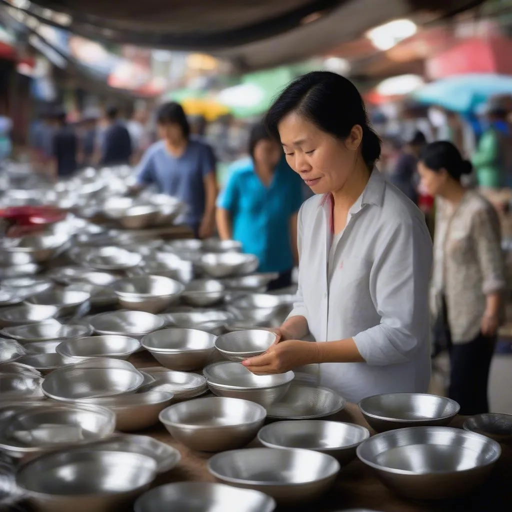 Người phụ nữ lựa chọn chén nhôm làm bánh