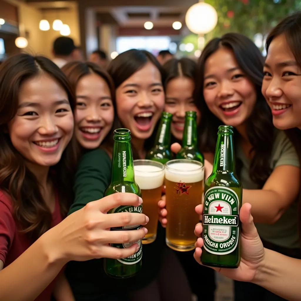 Nhóm bạn trẻ nâng ly bia Heineken vui vẻ bên nhau