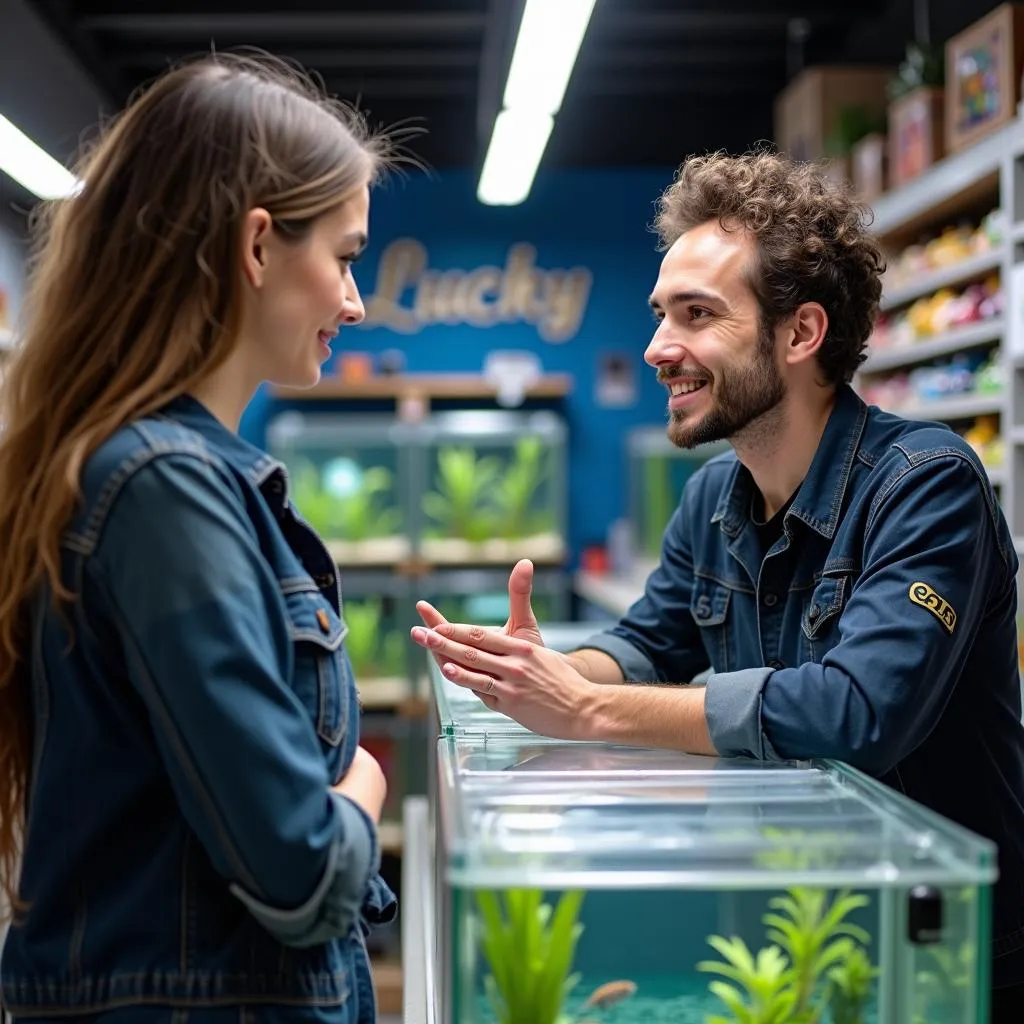 Nhân viên cửa hàng cá cảnh Lucky đang tư vấn khách hàng