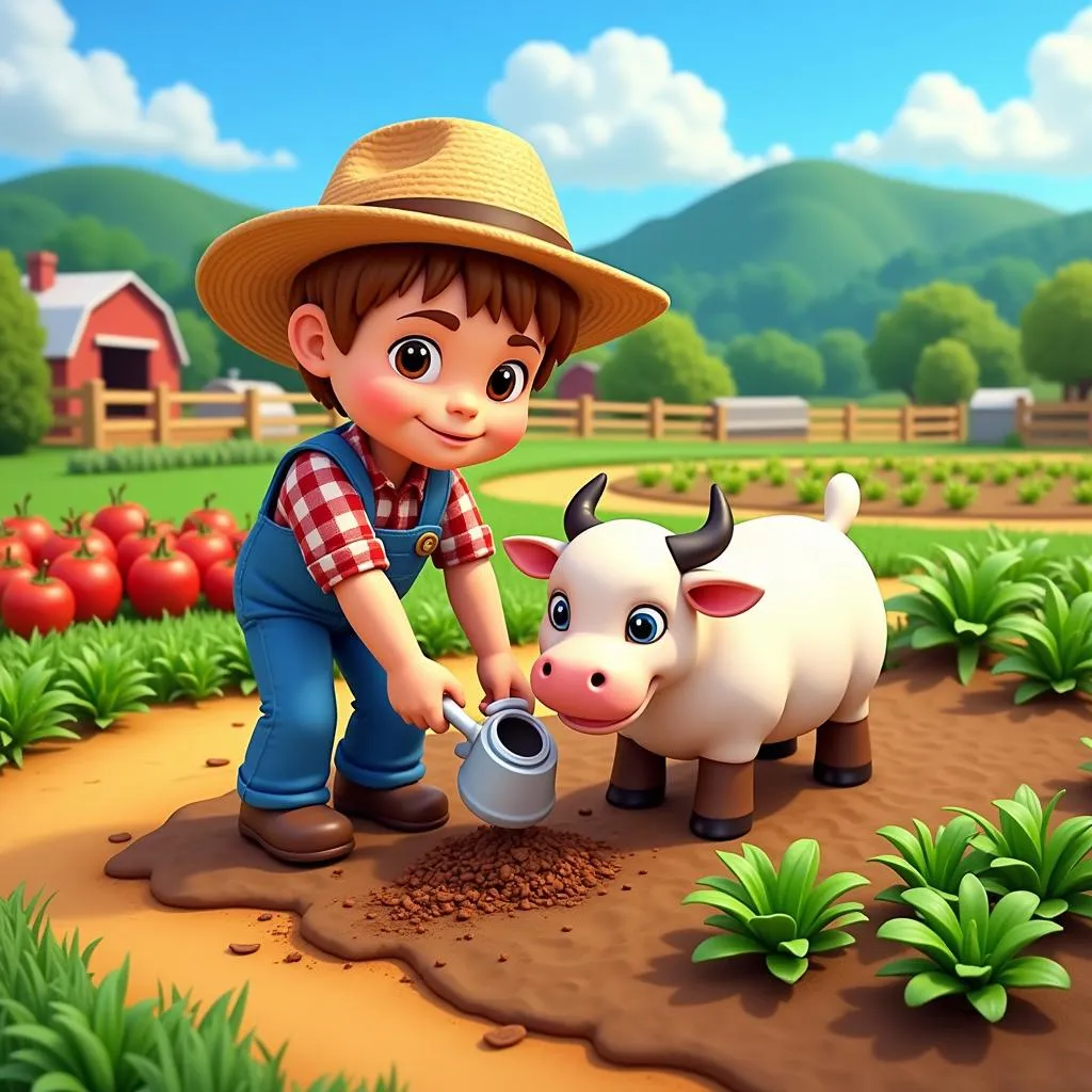 Hình ảnh game Harvest Moon với đồ họa 3D tươi sáng, mô tả người chơi đang gieo hạt, tưới nước cho cây trồng, chăm sóc động vật.