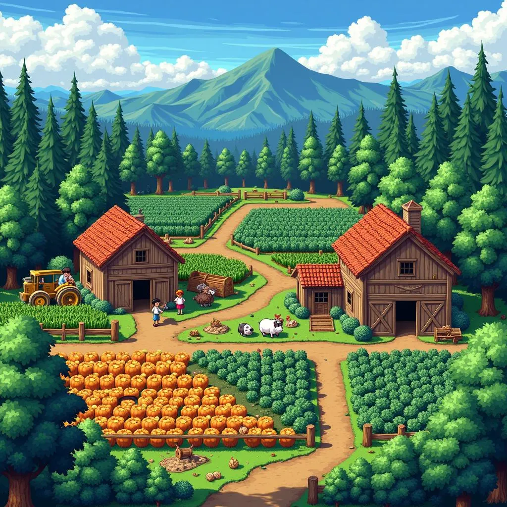 Hình ảnh game Stardew Valley với đồ họa pixel đẹp mắt, mô tả cảnh nông trại trù phú, người chơi đang thu hoạch và chăm sóc cây trồng, vật nuôi.