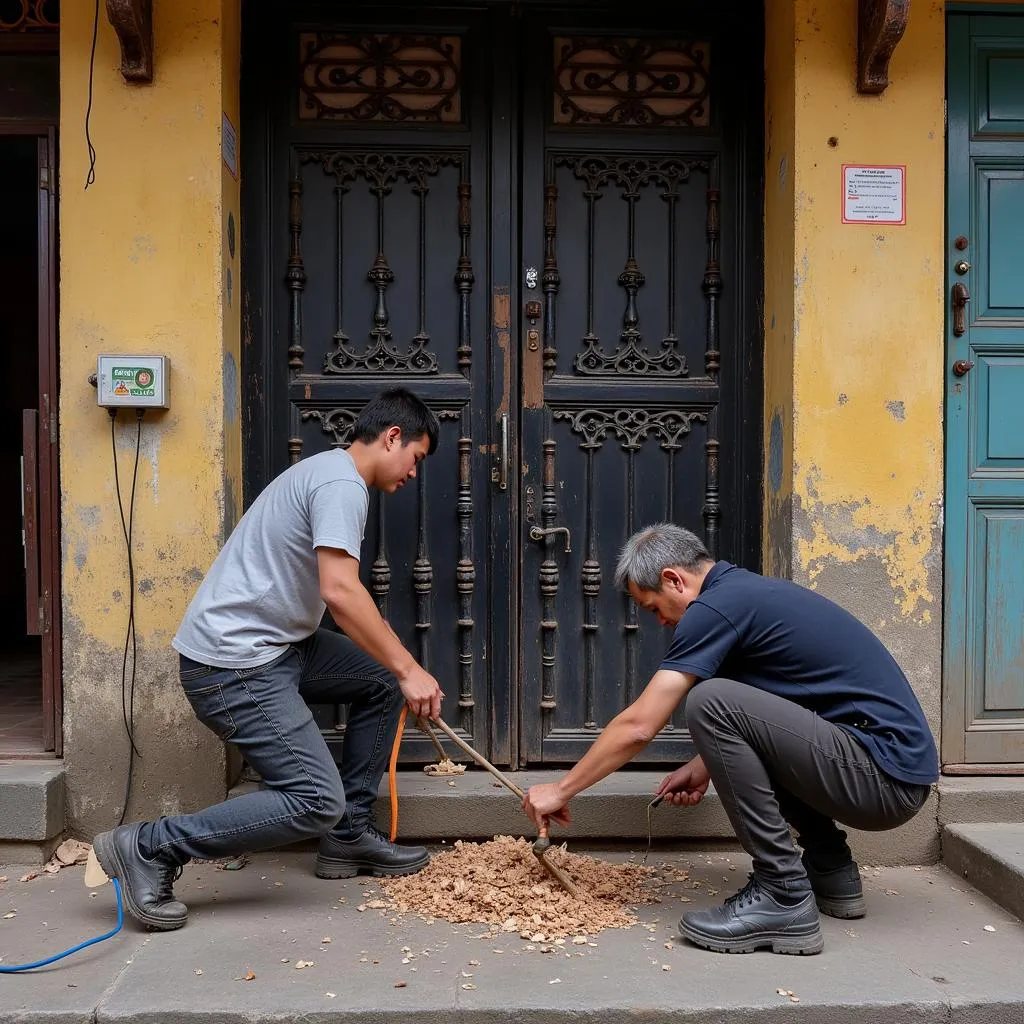 Thợ cửa sắt đang làm việc