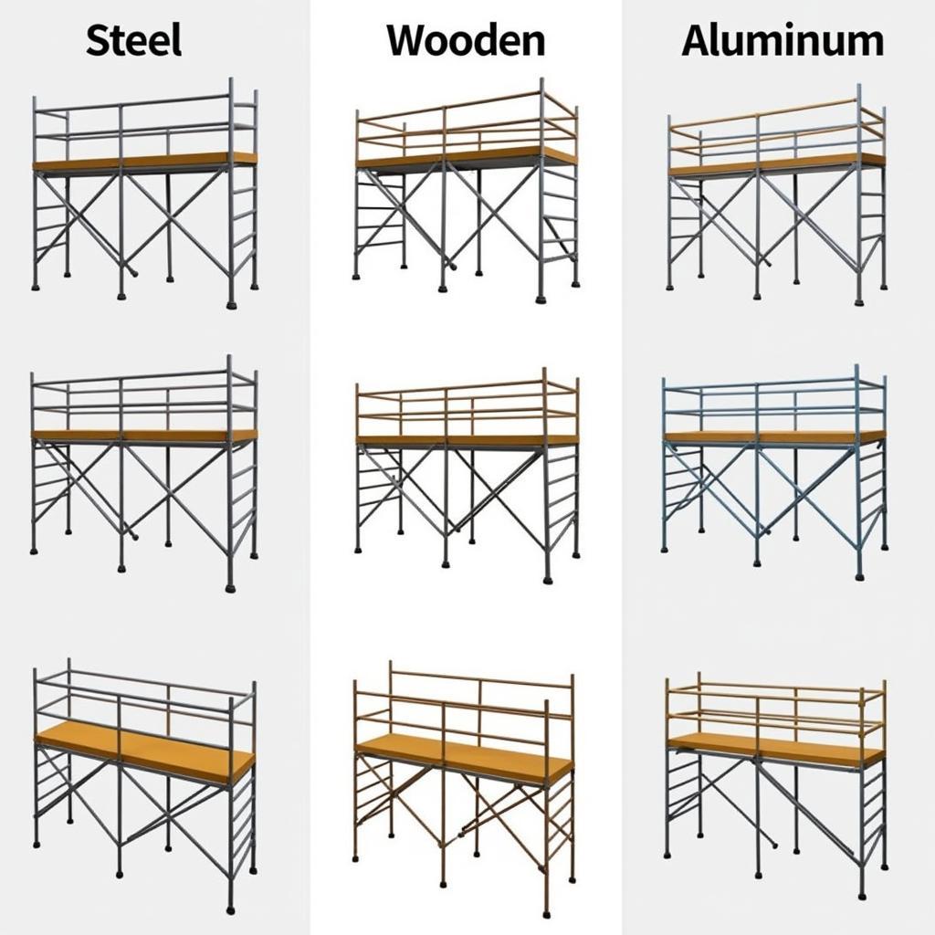 Hình ảnh so sánh các loại cây chống xây dựng: thép, gỗ, nhôm.