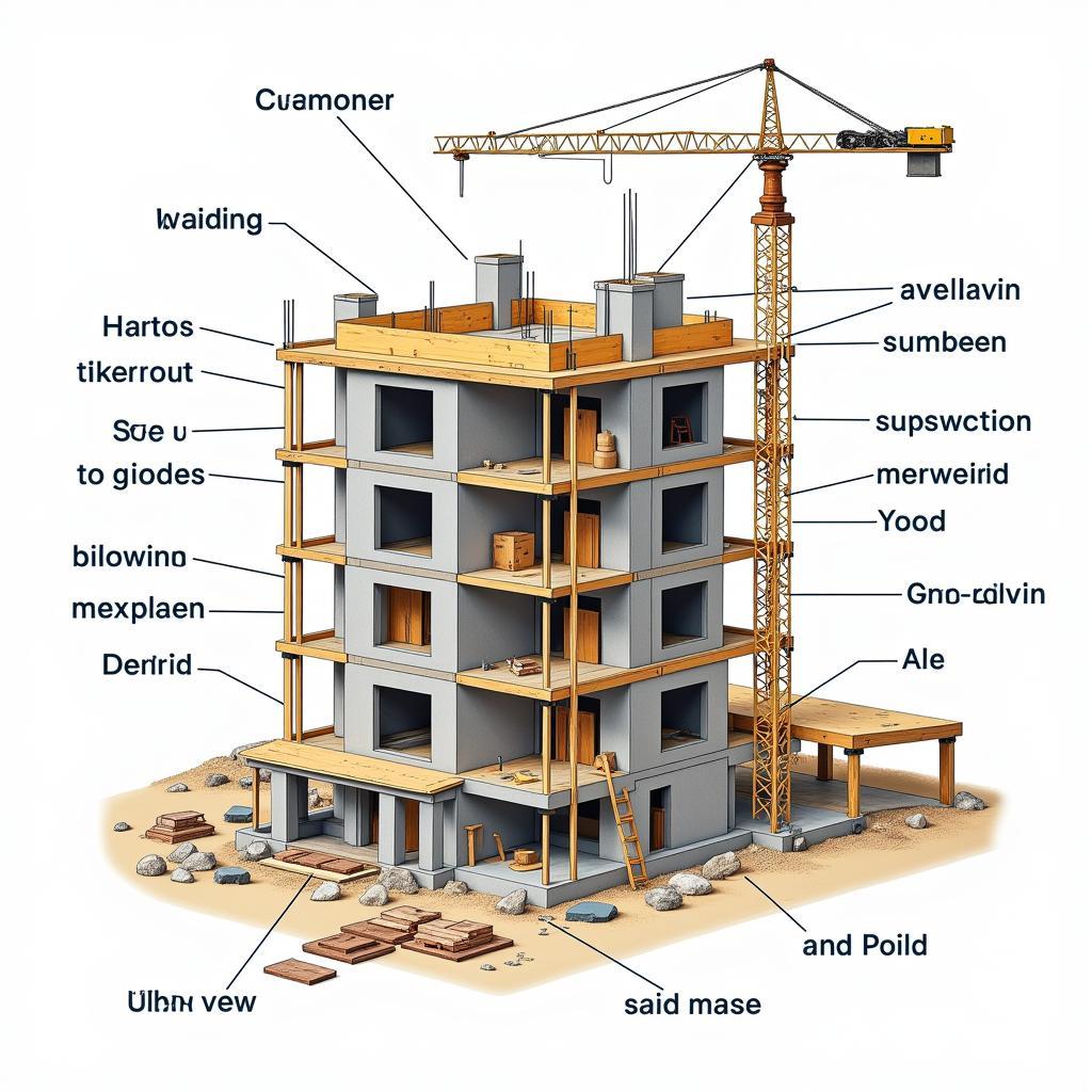 Từ vựng tiếng Anh xây dựng - Hình ảnh minh họa các thuật ngữ tiếng Anh được gắn trên các bộ phận của một tòa nhà đang xây dựng.